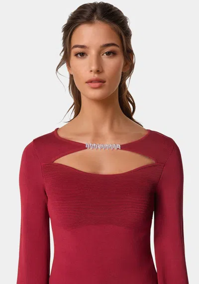 Bebe Open Neck Rhinestone Trim Sweater In Biking Red