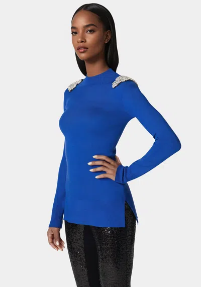 Bebe Embellished Mock Neck Tunic Sweater In Galactic Cobalt