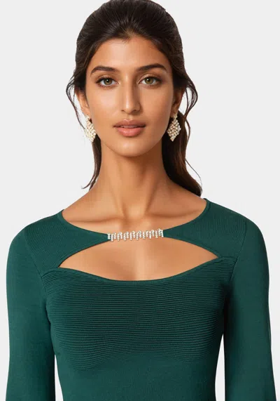 Bebe Open Neck Rhinestone Trim Sweater In Rain Forest