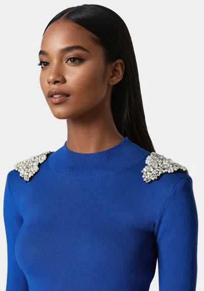 Bebe Embellished Mock Neck Tunic Sweater In Galactic Cobalt