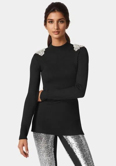 Bebe Embellished Mock Neck Tunic Sweater In Black