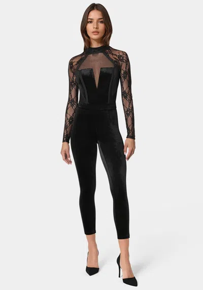 Bebe Lace Combo Velour Catsuit In Black