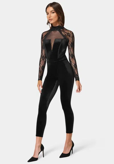 Bebe Lace Combo Velour Catsuit In Black