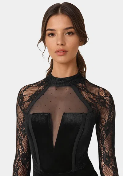 Bebe Lace Combo Velour Catsuit In Black