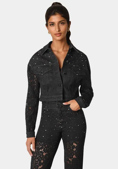 Bebe Drop Shoulder Embellished Lace Denim Jacket In Wash Out Black Wash,black
