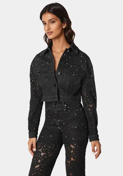 Bebe Drop Shoulder Embellished Lace Denim Jacket In Wash Out Black Wash,black