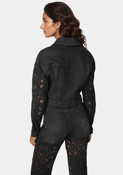 Bebe Drop Shoulder Embellished Lace Denim Jacket In Wash Out Black Wash,black