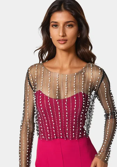 Bebe Studded Pearl Top And Palazzo Leg Jumpsuit In Vivacious Pink