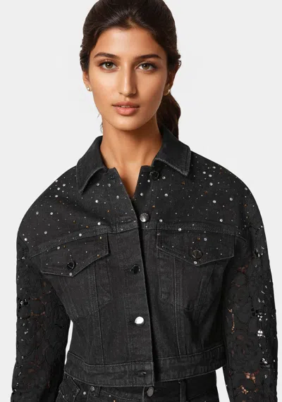 Bebe Drop Shoulder Embellished Lace Denim Jacket In Wash Out Black Wash,black