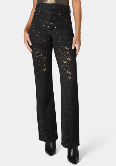 Bebe High Waist Embellished Lace Wide Leg Jeans In Wash Out Black Wash,black