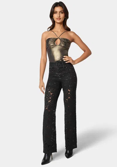 Bebe High Waist Embellished Lace Wide Leg Jeans In Wash Out Black Wash,black