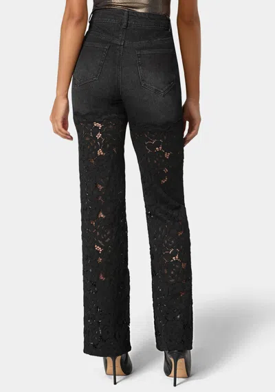 Bebe High Waist Embellished Lace Wide Leg Jeans In Wash Out Black Wash,black