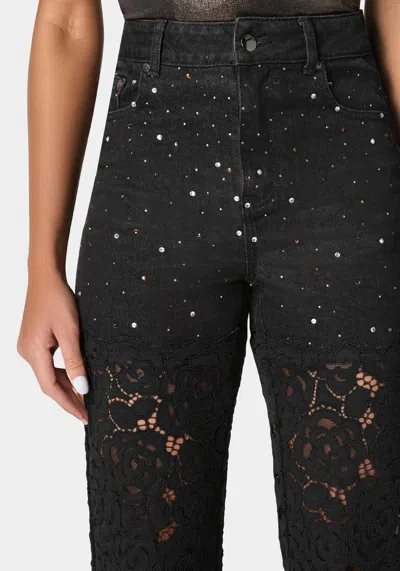 Bebe High Waist Embellished Lace Wide Leg Jeans In Wash Out Black Wash,black