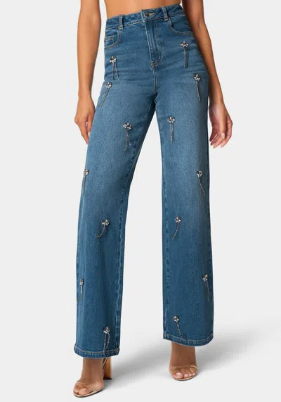 Bebe High Waist Clustered Rhinestone Wide Leg Jeans In Palm Spring Blue Wash