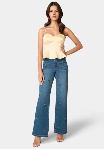 Bebe High Waist Clustered Rhinestone Wide Leg Jeans In Palm Spring Blue Wash