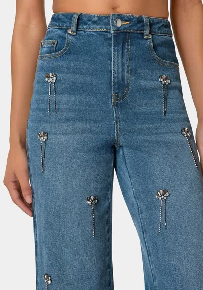 Bebe High Waist Clustered Rhinestone Wide Leg Jeans In Palm Spring Blue Wash