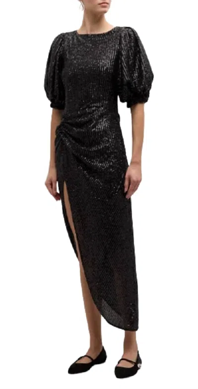 In The Mood For Love Sahar Sequin Puff-sleeve Asymmetric Midi Dress In Black