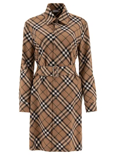 Burberry Waist Belted Shirt Dress With Checked Pattern