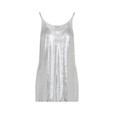 Rabanne Metallic Sleeveless Top With Spaghetti Straps And Chainmail In Tech Fabric Woman In Grey