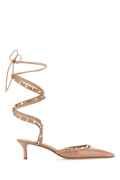 Valentino Leather Pumps With Pointed Toe And Studded Trimmings In Brown