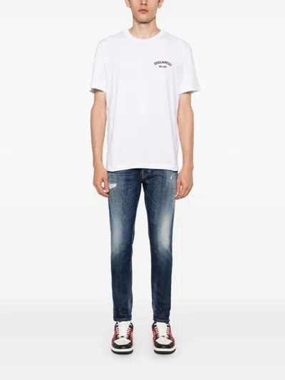 Dsquared2 Men White Crewneck T-shirt With Logo Lettering On The Front In Cotton Man