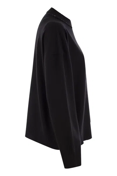 Fabiana Filippi Black Crewneck Sweater With Micro Paillettes In Wool