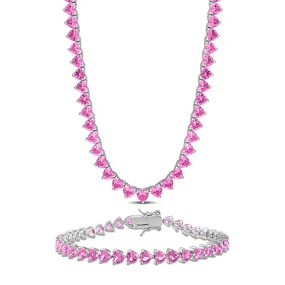 Mimi & Max 43 1/2ct Tgw Created Pink Sapphire Tennis Jewelry Set Sterling Silver In Pink