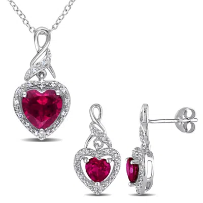 Mimi & Max 4ct Tgw Created Ruby 1/5ct Tdw Diamond Heart Jewelry Set Sterling Silver In Red