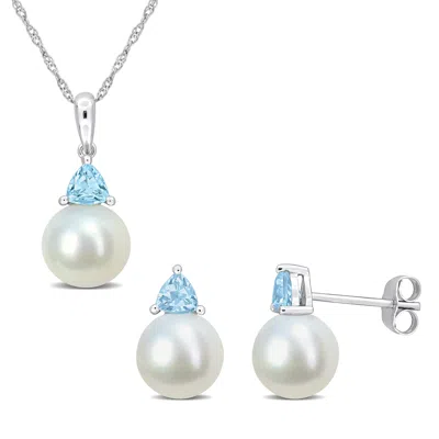 Mimi & Max 8-8.5mm Cultured Freshwater Pearl 4/5ct Tgw Sky Blue Topaz Jewelry Set 10k White Gold In Blue