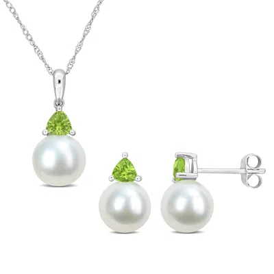 Mimi & Max 8-8.5mm Cultured Freshwater Pearl 4/5ct Tgw Peridot Jewelry Set 10k White Gold In Green
