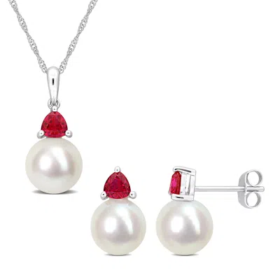 Mimi & Max 8-8.5mm Cultured Freshwater Pearl 4/5ct Tgw Created Ruby Jewelry Set 10k White Gold In Red