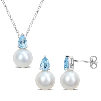 Mimi & Max 8-8.5mm Cultured Freshwater Pearl 4/5ct Tgw Sky Blue Topaz Jewelry Set 10k White Gold In Blue