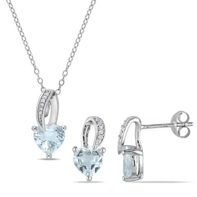 Mimi & Max 1 4/5ct Tgw Heart-cut Aquamarine Diamond Accent Necklace Stud Earrings Set Sterling Silver In Blue