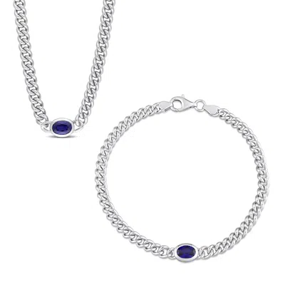 Mimi & Max 2 1/2ct Tgw Created Blue Sapphire Curb Link Jewelry Set Sterling Silver In Blue