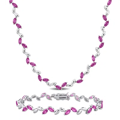 Mimi & Max 29 7/8ct Tgw Created Pink Sapphire Leaf Necklace And Bracelet Set Sterling Silver In Pink