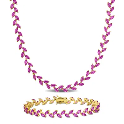 Mimi & Max 41 1/2ct Tgw Created Pink Sapphire Leaf Bracelet And Necklace Yellow Plated Sterling Silver In Pink