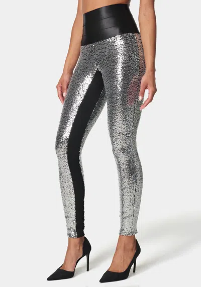 Bebe Satin Elastic Waistband Sequin Legging In Silver