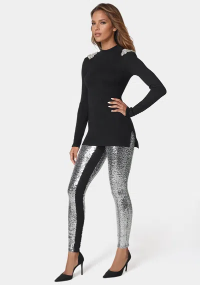 Bebe Satin Elastic Waistband Sequin Legging In Silver