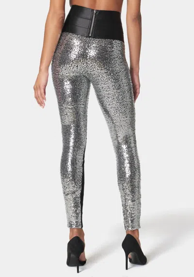 Bebe Satin Elastic Waistband Sequin Legging In Silver