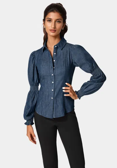 Bebe Jewel Detail Smoked Denim Blouse In Dark Blue Wash