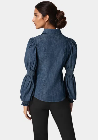 Bebe Jewel Detail Smoked Denim Blouse In Dark Blue Wash