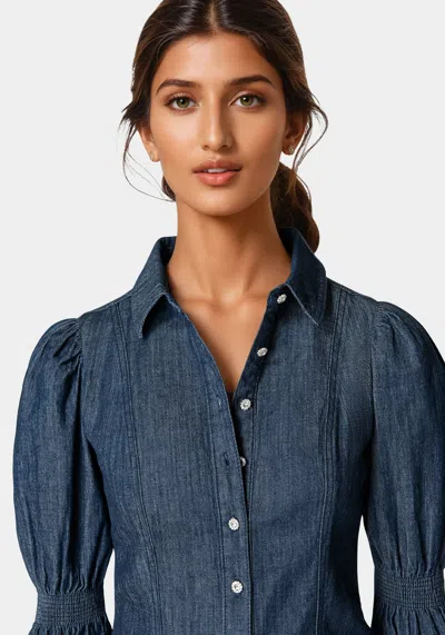 Bebe Jewel Detail Smoked Denim Blouse In Dark Blue Wash