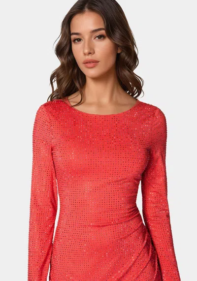 Bebe Longsleeve Crystal Midi Dress In Red