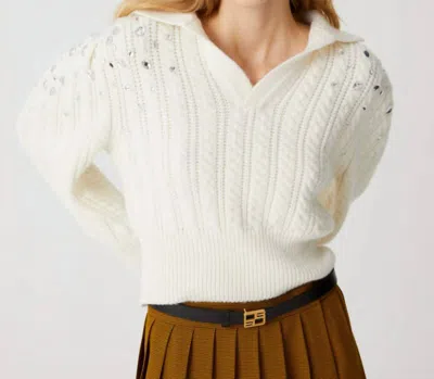 Beatrice B Embroidered Sleeves Polo Sweater In Off White In White
