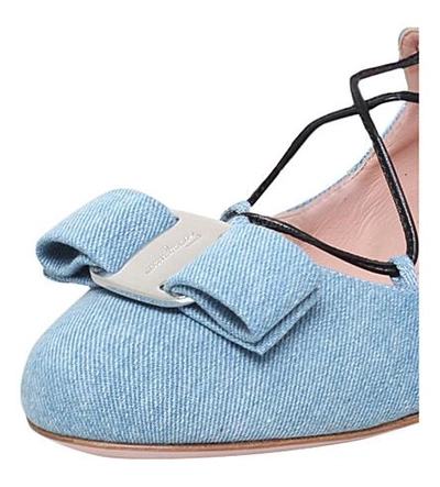 Shop Ferragamo Flanda Denim Ballet Flats In Pale Blue