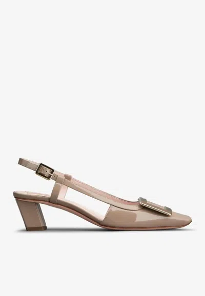 Roger Vivier Belle Vivier Metal Buckle Slingback Pumps In Beige Patent Leather In Beige