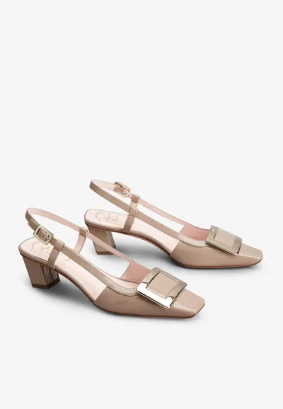 Roger Vivier Belle Vivier Metal Buckle Slingback Pumps In Beige Patent Leather In Beige