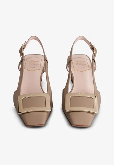Roger Vivier Belle Vivier Metal Buckle Slingback Pumps In Beige Patent Leather In Beige