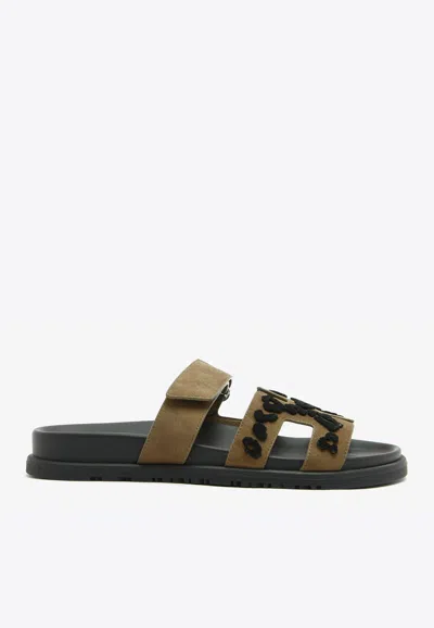 Pre-owned Hermes Chypre Sandals In Brune Fume And Black Tufted Suede