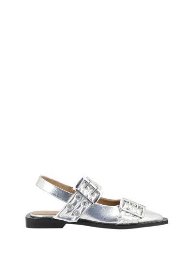 Ganni Silver Slingback Ballet Flat Shoe With Buckles In Silver